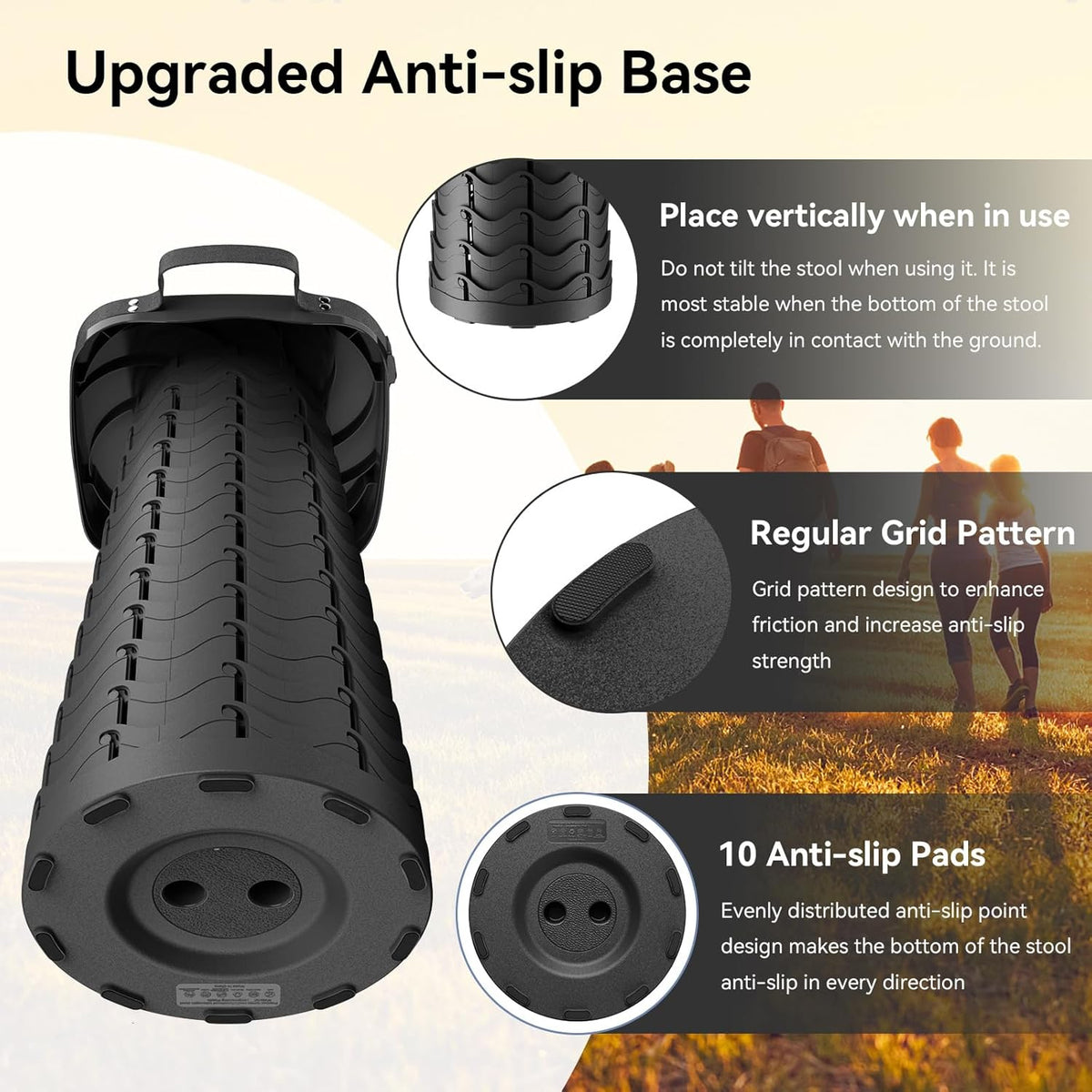 2026 Upgraded Portable Folding Stool, Collapsible Stool, Telescoping Camping Stool with Max Load Capacity 485lbs, Square Retractable Seat for Camping Gardening Fishing Hiking BBQ[Black]