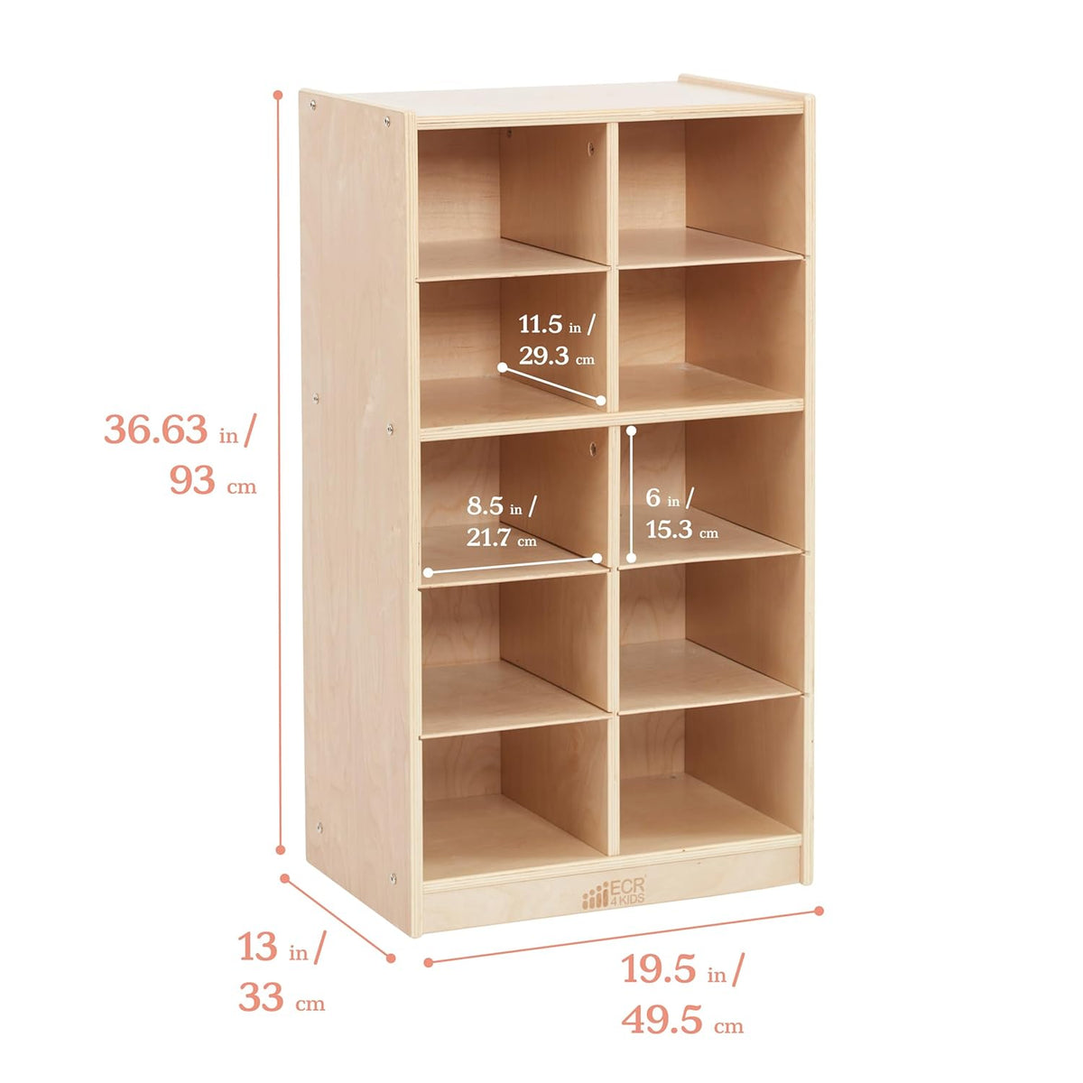 ECR4Kids 10 Cubby Tray Cabinet with Scoop Front Storage Bins, 5x2, Natural, Classroom Furniture, Clear | Durable birch, 10 plastic scoop front storage bins, GREENGUARD Gold Certified, 10 cubbies for organization, classroom or home