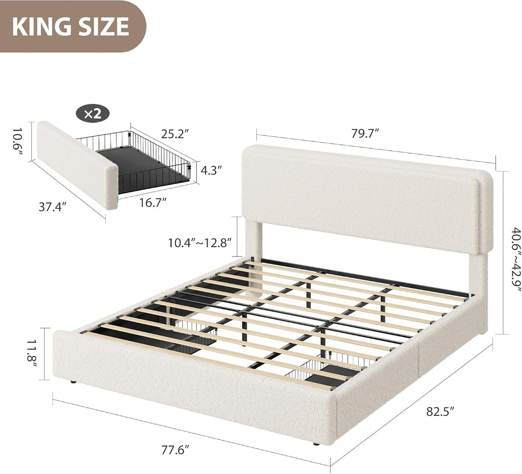 IDEALHOUSE King Bed Frame with 2 Storage Drawer and Upholstered Headboard