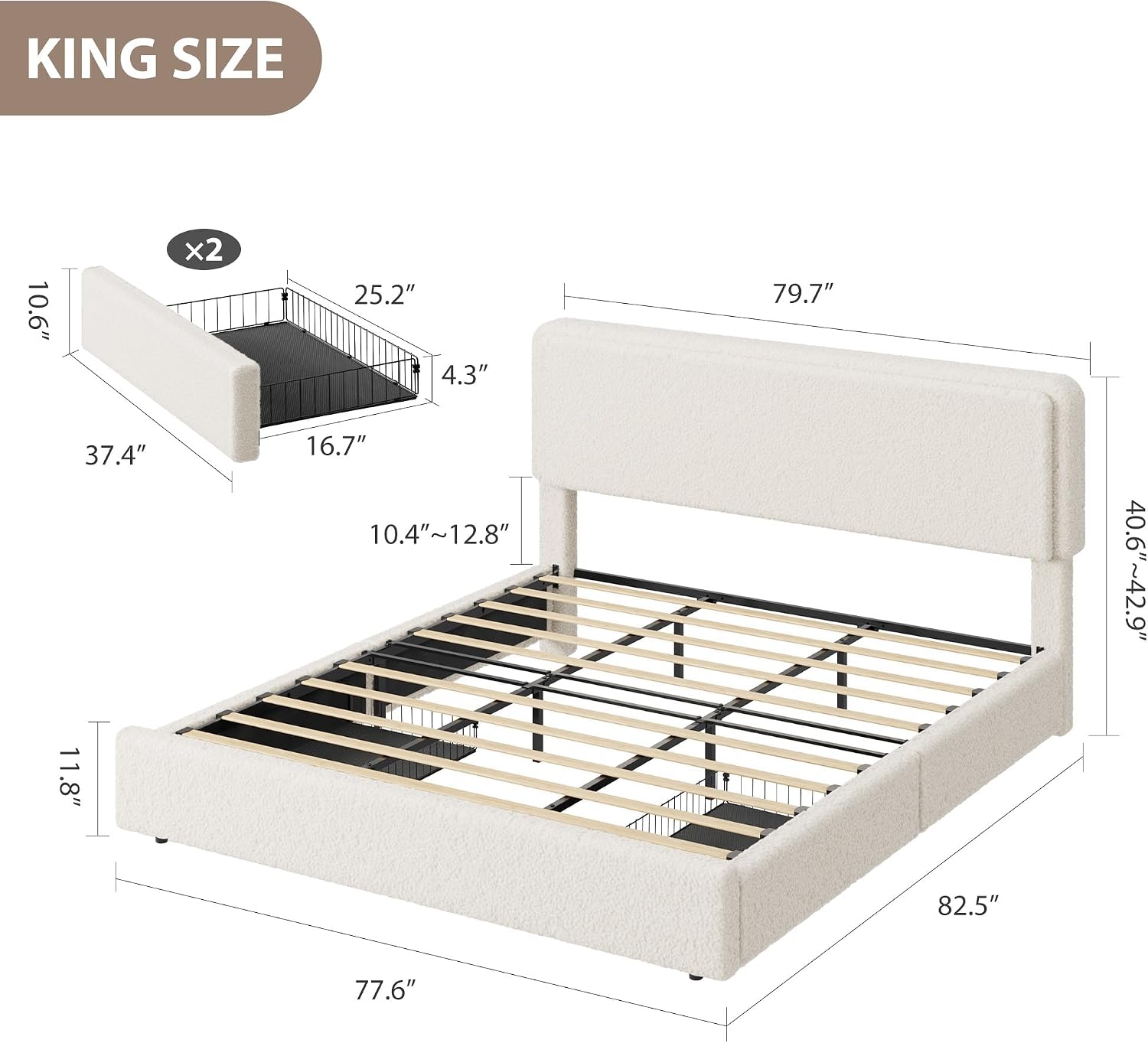 IDEALHOUSE King Bed Frame with 2 Storage Drawer and Upholstered Headboard