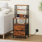 Furnulem Night Stand, Tall Nightstand with 4-Tier Shelves, 2 Fabric Drawers | RGB LED Lights, Bed Side & End Tables with Charging Station, Bedside Table for Bedroom, Office, Dorm Rustic Brown
