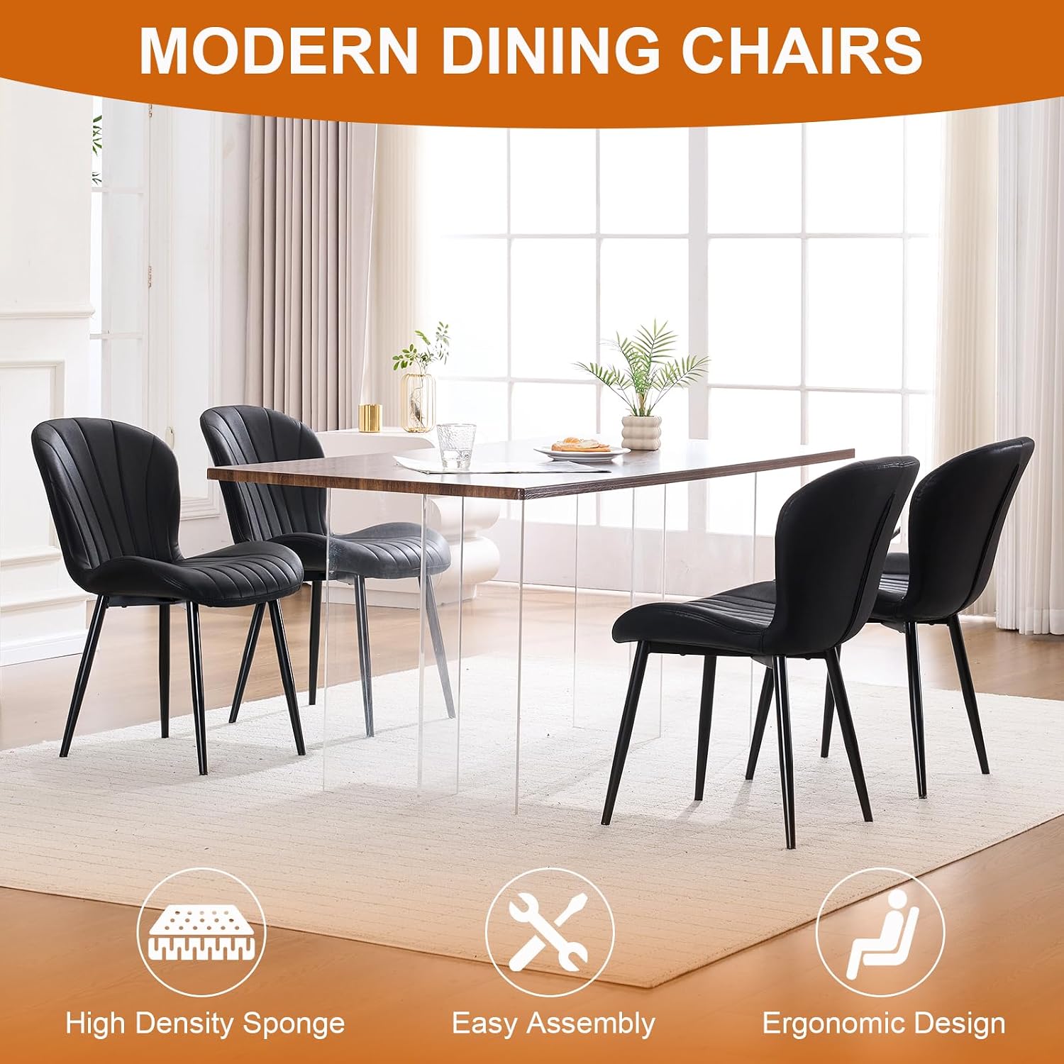 Fabric Dining Chairs Set of 4, Mid Century Modern Kitchen Chairs with Padded Cushion Seat and Metal Legs for Dining Room, Comfy Breathable Upholstered Side Accent Chairs, Black