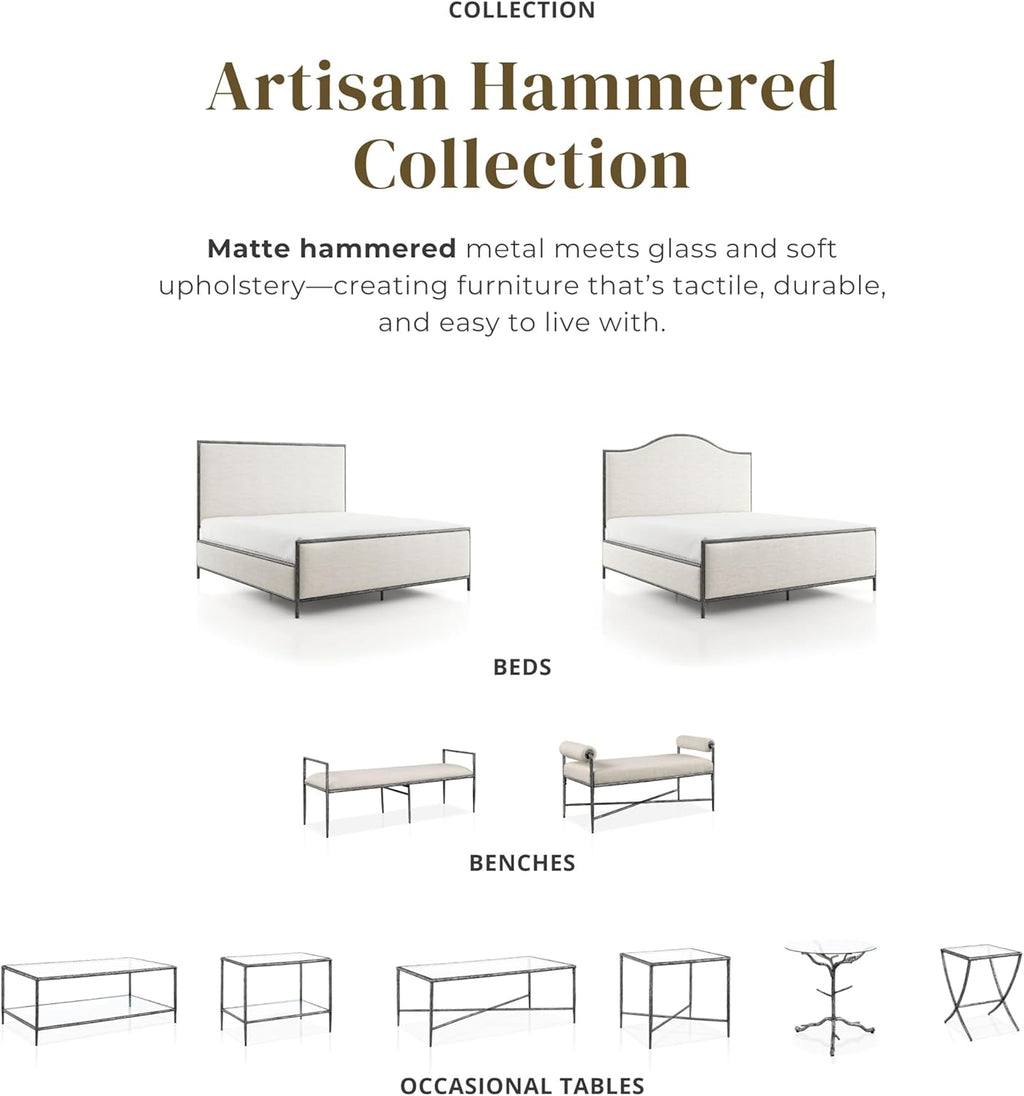 24/7 Shop at Home Lalia Upholstered 48-inch Metal Bench with Padded Roll Arms, Beige Fabric Seat, Hammered Forged Steel Frame, Modern Bedroom or Entryway, Matte Gold