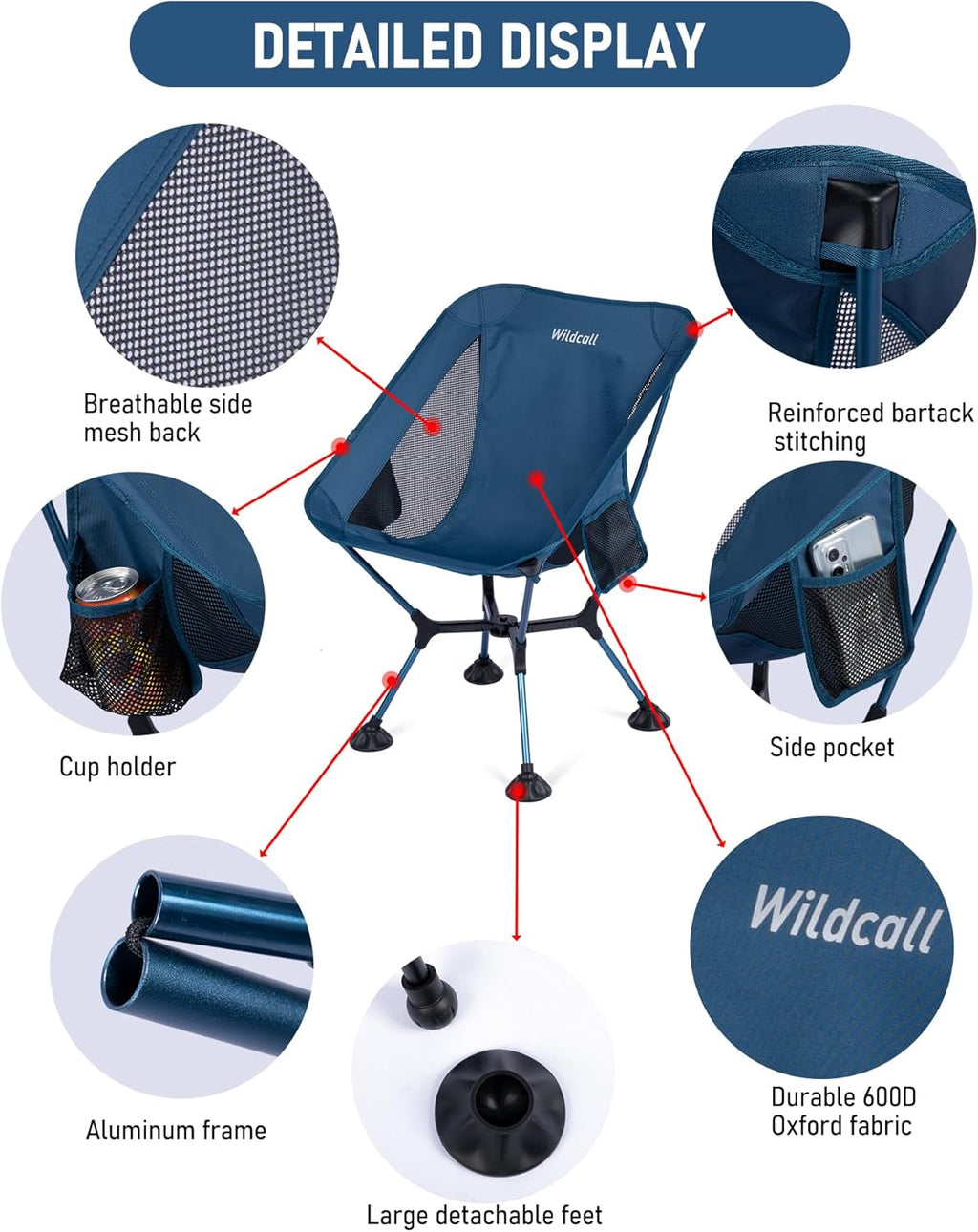 WildCall Lightweight Folding Camping Chair Quick Setup Frame Beach Chair Compact Backpacking Chair with Anti-Sink Feet