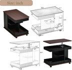 Lift Top End Table with Wheels, Rotating Sofa Side Table, 360°Rotating Top & Storage Space for Living Room, Bedroom, Small Space (Black+Brown)