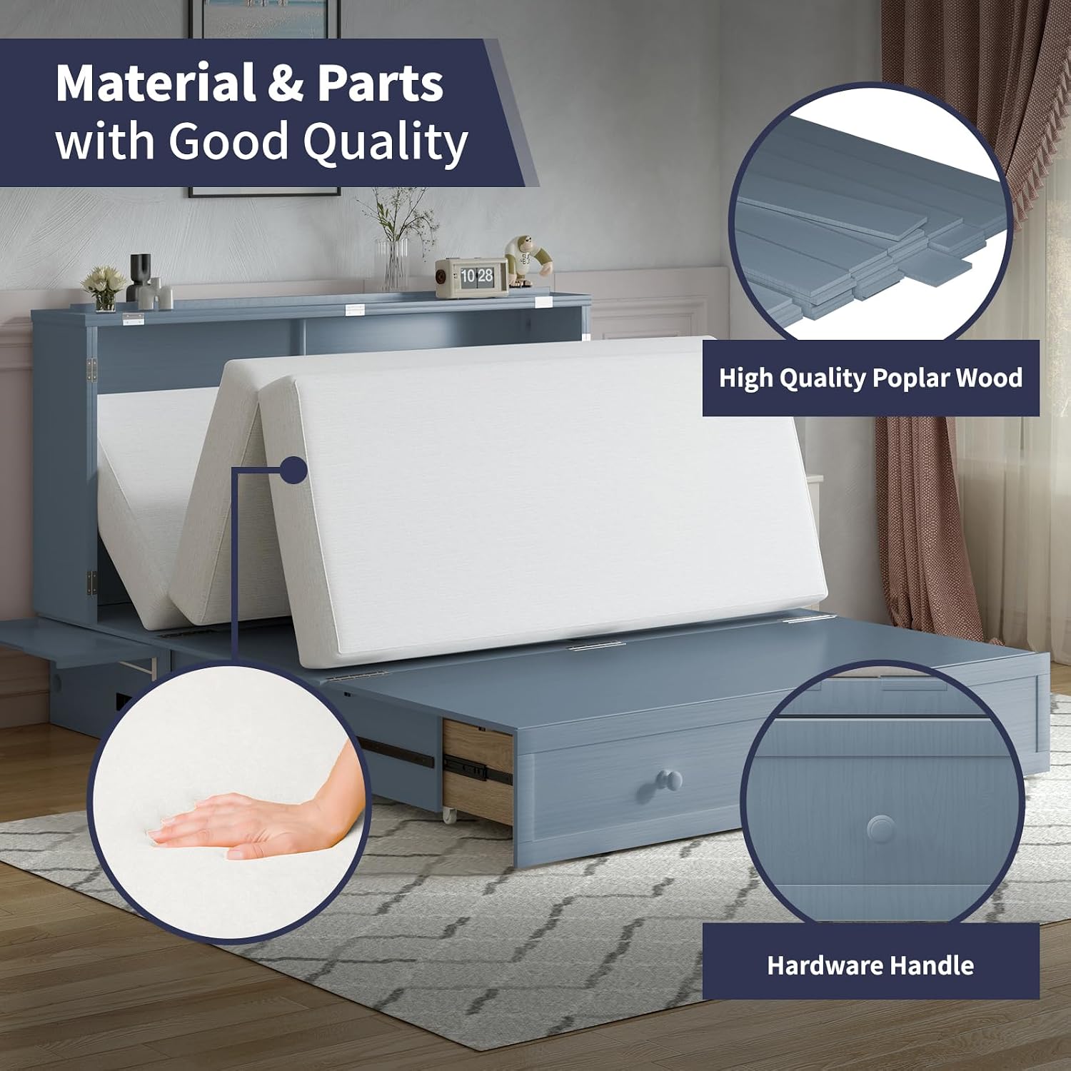 ijuicy Murphy Cube Bed Queen with Memory Foam Mattress-Grayish Blue | USB Charging, Extra Large Drawers, Side Storage for Guests/Room