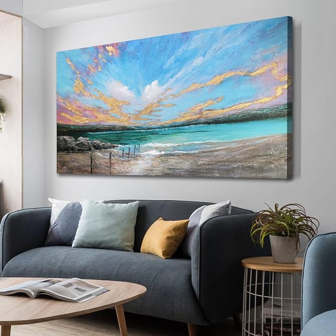 Arjun Ocean Teal Wall Art Canvas Coastal Beach Painting Blue Turquoise Landscape Sunset Picture, Panoramic Gold Foil Textured Large Artwork Framed for Living Room Bedroom Bathroom Wall Decor 48"x24"