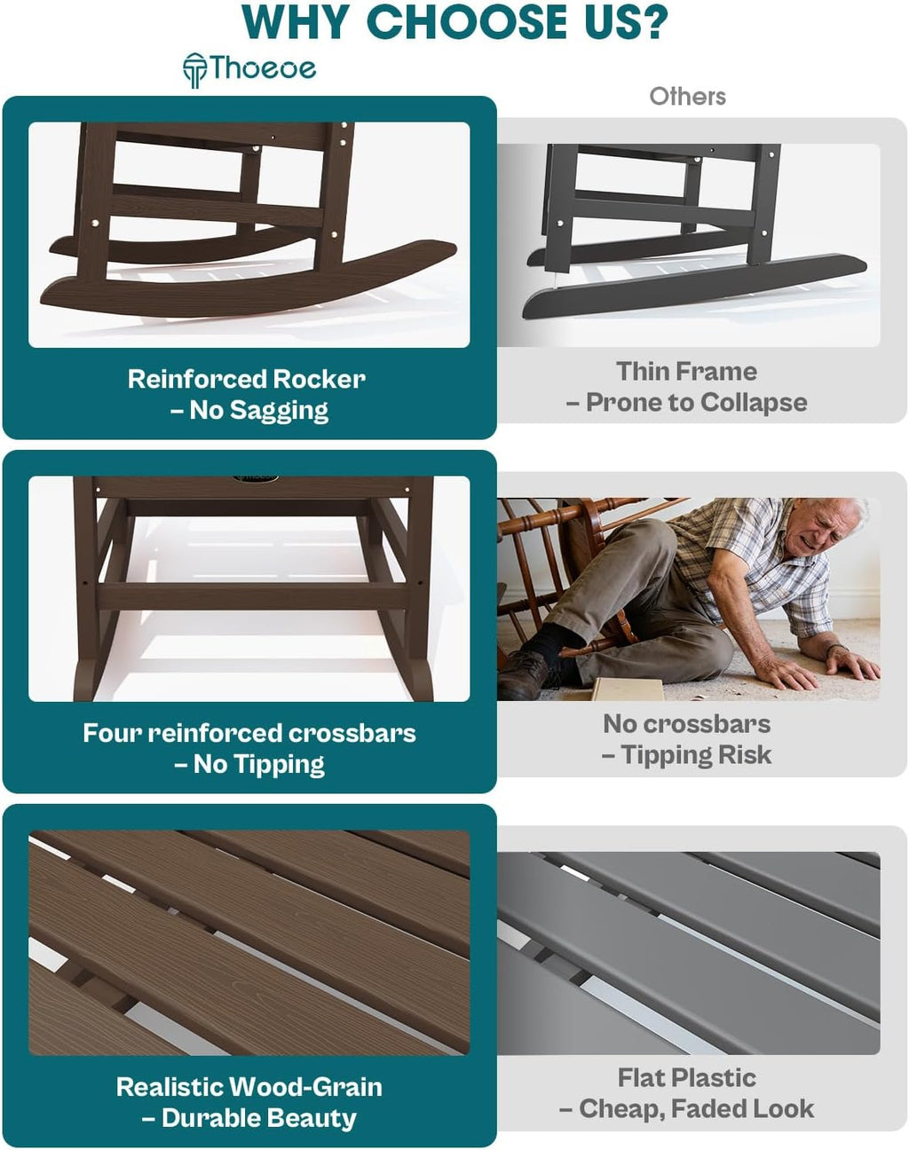 THOEOE Outdoor Rocking Chairs Set of 2, Oversized Patio Rocking Chair | HDPE Outdoor Rockers for Front Porch, Patio, Backyard, Balcony and Garden. All-Weather High Back Design, Brown