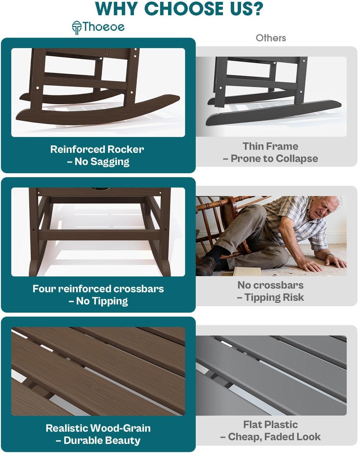 THOEOE Outdoor Rocking Chairs Set of 2, Oversized Patio Rocking Chair | HDPE Outdoor Rockers for Front Porch, Patio, Backyard, Balcony and Garden. All-Weather High Back Design, Brown