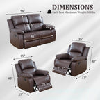 Faux Leather Manual Recliner Sofa Set, 3 Piece Living Room Furniture Set, Loveseat Reclining Couch and 2 Recliner Chairs for RV Home Theater (Brwon)