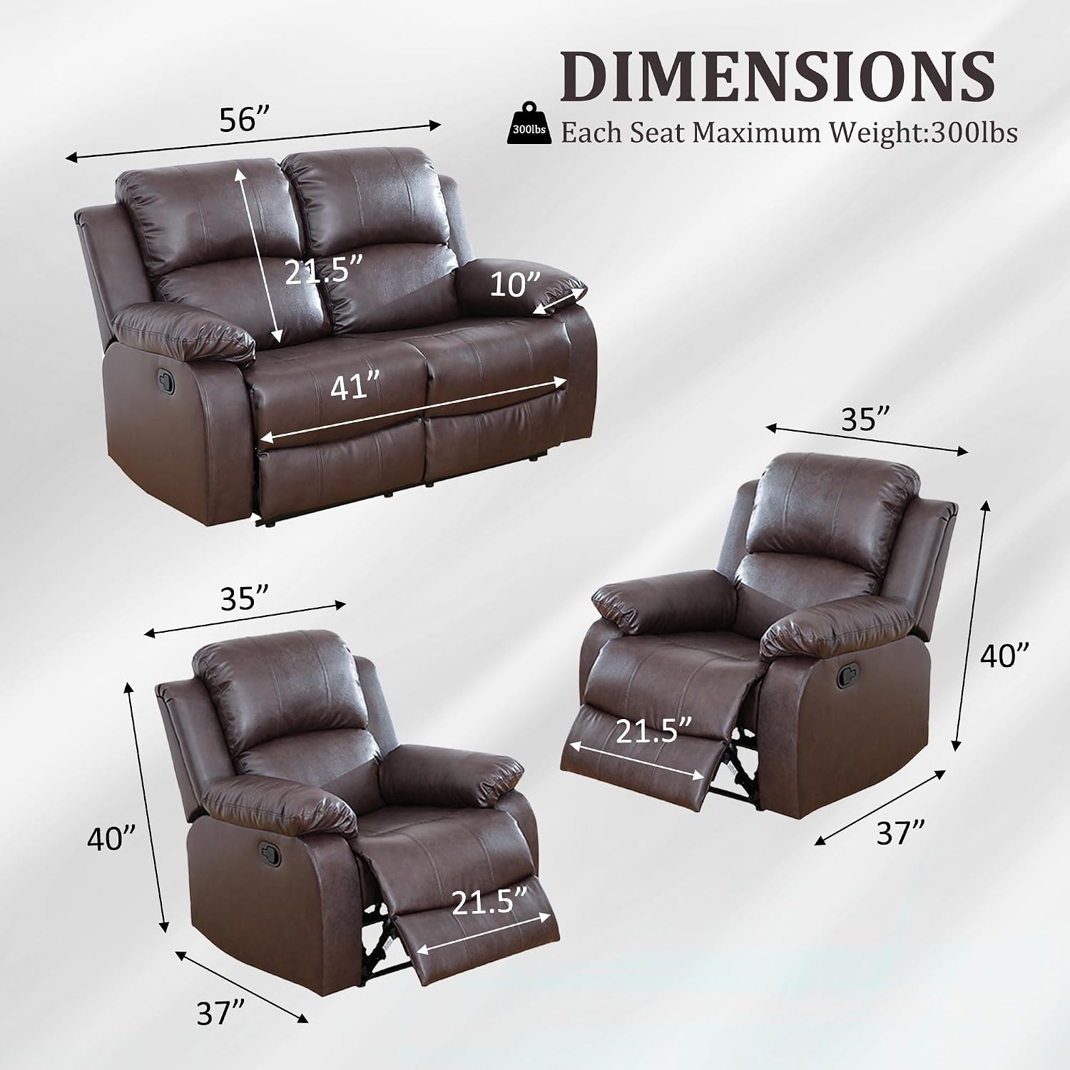 Faux Leather Manual Recliner Sofa Set, 3 Piece Living Room Furniture Set, Loveseat Reclining Couch and 2 Recliner Chairs for RV Home Theater (Brwon)