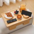 GEHE Real Bamboo Couch Armrest Table, 15.4"x9.8" Couch Arm Tray Table, 3 in 1 Removable Sofa Cup Holder wtih 360° Rotated Phone Holder, Clip on Armrest Tray for Drinks, Snacks, Phone, Control