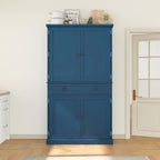VilroCaz Freestanding 4 Doors Kitchen Pantry, Wood Kitchen Cupboard Storage Cabinet with 6 Door Shelves, Drawer and 3 Pull-Out Trays for Dining Room (Blue-4.14)