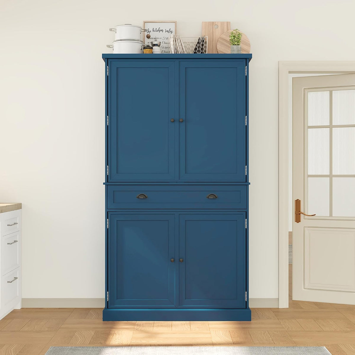 VilroCaz Freestanding 4 Doors Kitchen Pantry, Wood Kitchen Cupboard Storage Cabinet with 6 Door Shelves, Drawer and 3 Pull-Out Trays for Dining Room (Blue-4.14)