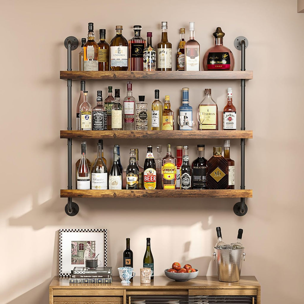 3-Tier Wall Mounted Wine Rack with LED | Liquor Bottles Floating Shelves Display Storage Organizer for Home Bar Dining Room Kitchen ,31.5"W x 47.2"H