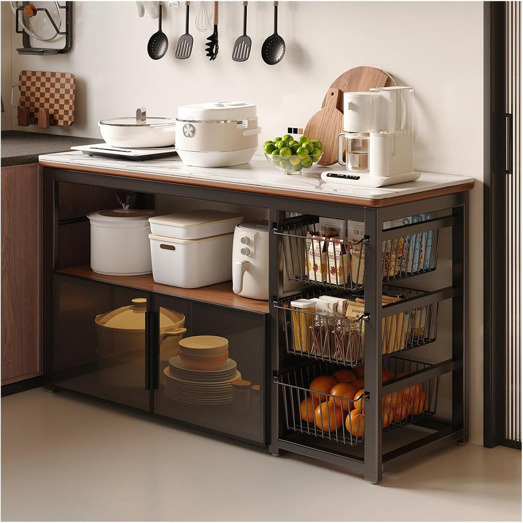 Sintered Stone Kitchen Island Table, Heavy Duty Microwave Stand | With Pull Out Baskets, Kitchen Storage Rack With Glass Doors, 40mm Steel Frame, 50kg Load(White,80x40x81cm)