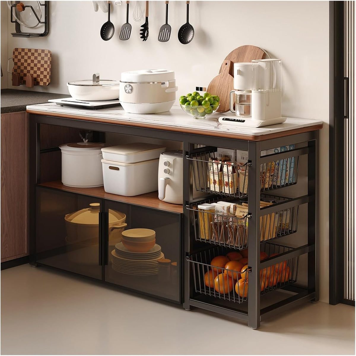 Sintered Stone Kitchen Island Table, Heavy Duty Microwave Stand | With Pull Out Baskets, Kitchen Storage Rack With Glass Doors, 40mm Steel Frame, 50kg Load(White,80x40x81cm)