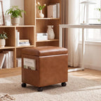 16" Faux Leather Storage Ottoman Foot Rest Stool with Wooden Tray, Footstool with Side Pocket & Wheels, Small Space Coffee Table & Seat for Living Room, Bedroom, Vintage Orange