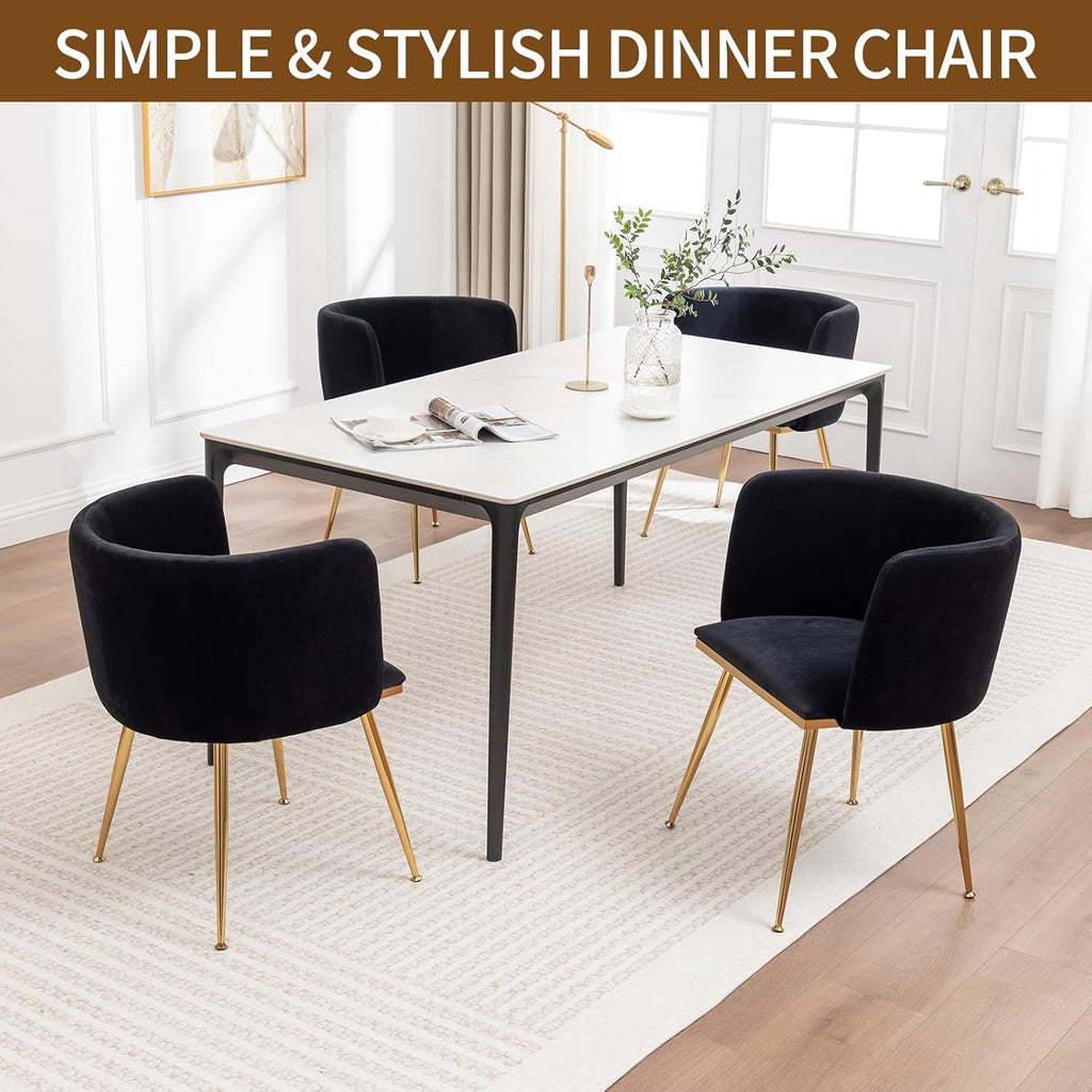 Canxkun Velvet Dining Chairs Set of 4, Barrel Dining Chairs with Gold Metal Legs, Modern Upholstered Dining Room Chair for Dining Room, Kitchen, Vanity (Black)
