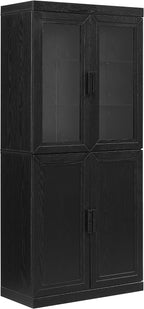 Crosley Furniture Essen Glass Door China Hutch Kitchen Pantry Storage Cabinet with Doors and Shelves, Black