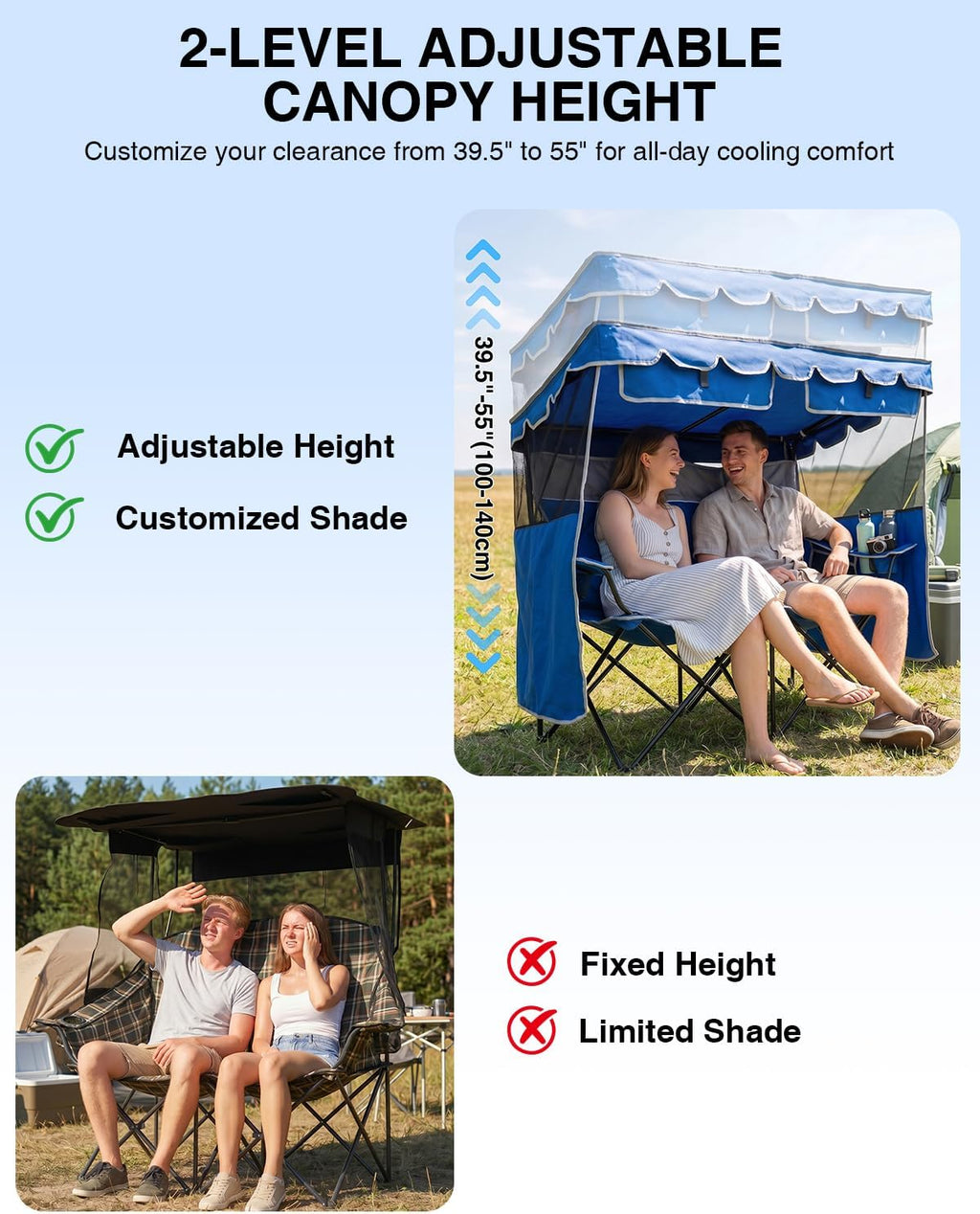 HOPERAN Double Camping Chair with Canopy, Heavy Duty 660lbs Double Beach Chair with Umbrella, Cooler & Cup Holder, Oversized Folding loveseat with Shade for Outside Sports, Beach, Lawn, Fishing