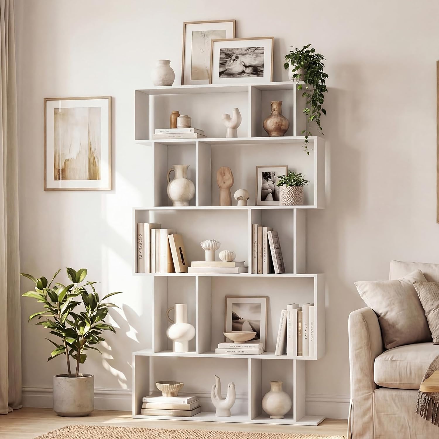 5-Tier Geometric Bookshelf w/Anti-tip Kit & 5 Closed-Back Cubbies