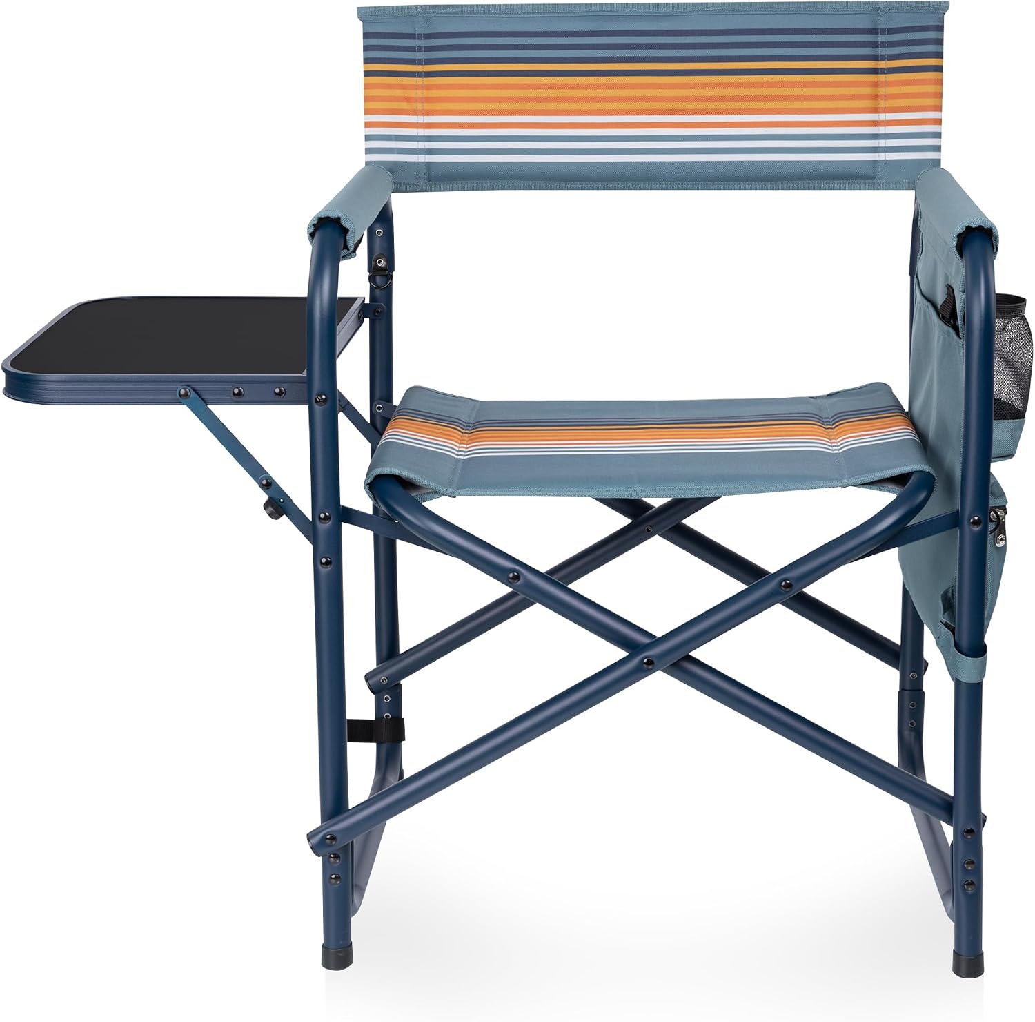 Picnic TIME Sports Chair with Side Table and Armrest Caddy, Lightweight Aluminum Folding Outdoor Camping Chair for Adults, Portable Director Style Lawn Seating, (Marine Stripe with Navy Blue Frame)