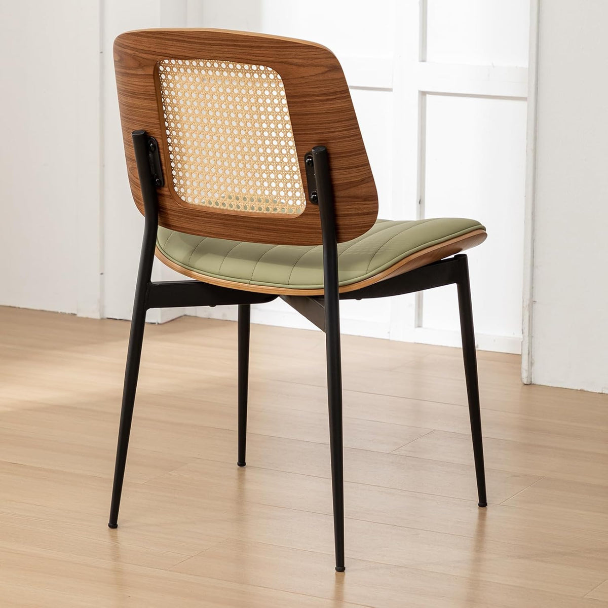 Rattan Dining Room Chairs Set of 4,Mid Century Modern Green PU Leather Kitchen Chair,Upholstered Seat Metal Legs Chairs with Adjustable Foot Pads,Walnut Armless Side Chairs