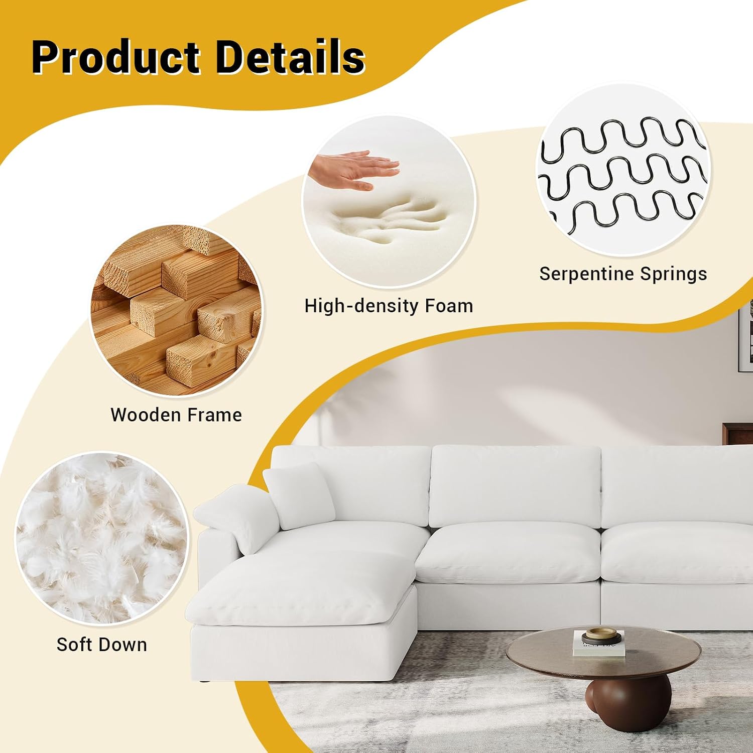 Cloud Modular Couch for Living Room,V Shape Linen Blend Sofas,Modern Deep Seat Cloud Sofas,Convertible Comfort Down Filled Sectional Couches,Removable Washable Cushion Covers,White