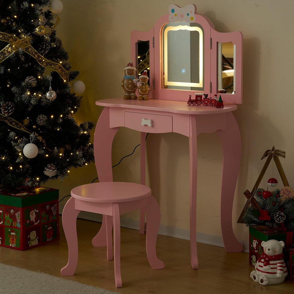 Vanity Set,ShyneeMakeup Dressing Vanity Set Wooden Princess Makeup Table with Cushioned Stool,Drawer,Wooden Legs and Mirror, Make Up Dressing Play Set for Girls (Pink Bow)