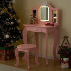Vanity Set,ShyneeMakeup Dressing Vanity Set Wooden Princess Makeup Table with Cushioned Stool,Drawer,Wooden Legs and Mirror, Make Up Dressing Play Set for Girls (Pink Bow)