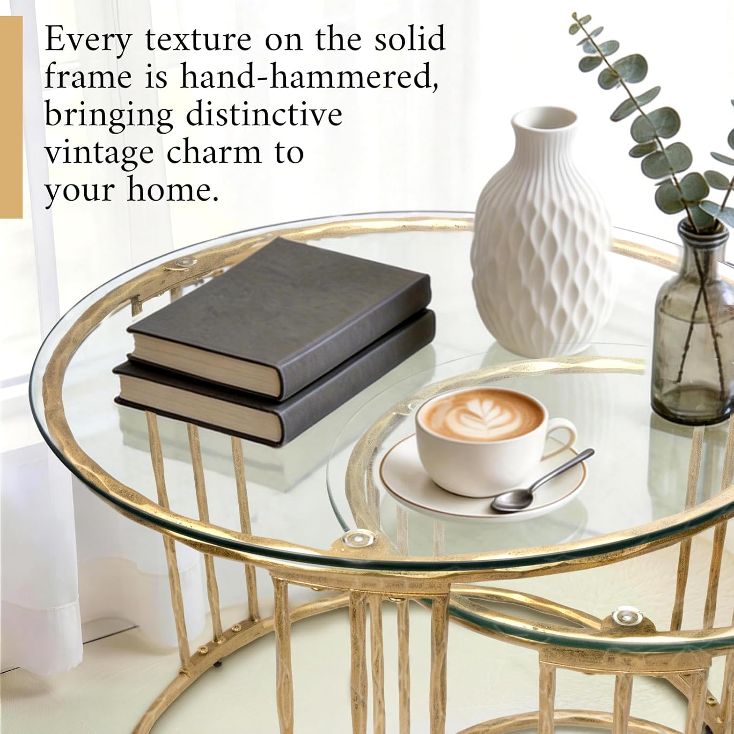 BEGINS Nesting Coffee Table Set of 2, 23.6" Round Coffee Table, Hand Forged Vintage Gold Center Table with Glass Top for Living Room, Bedroom, Balcony