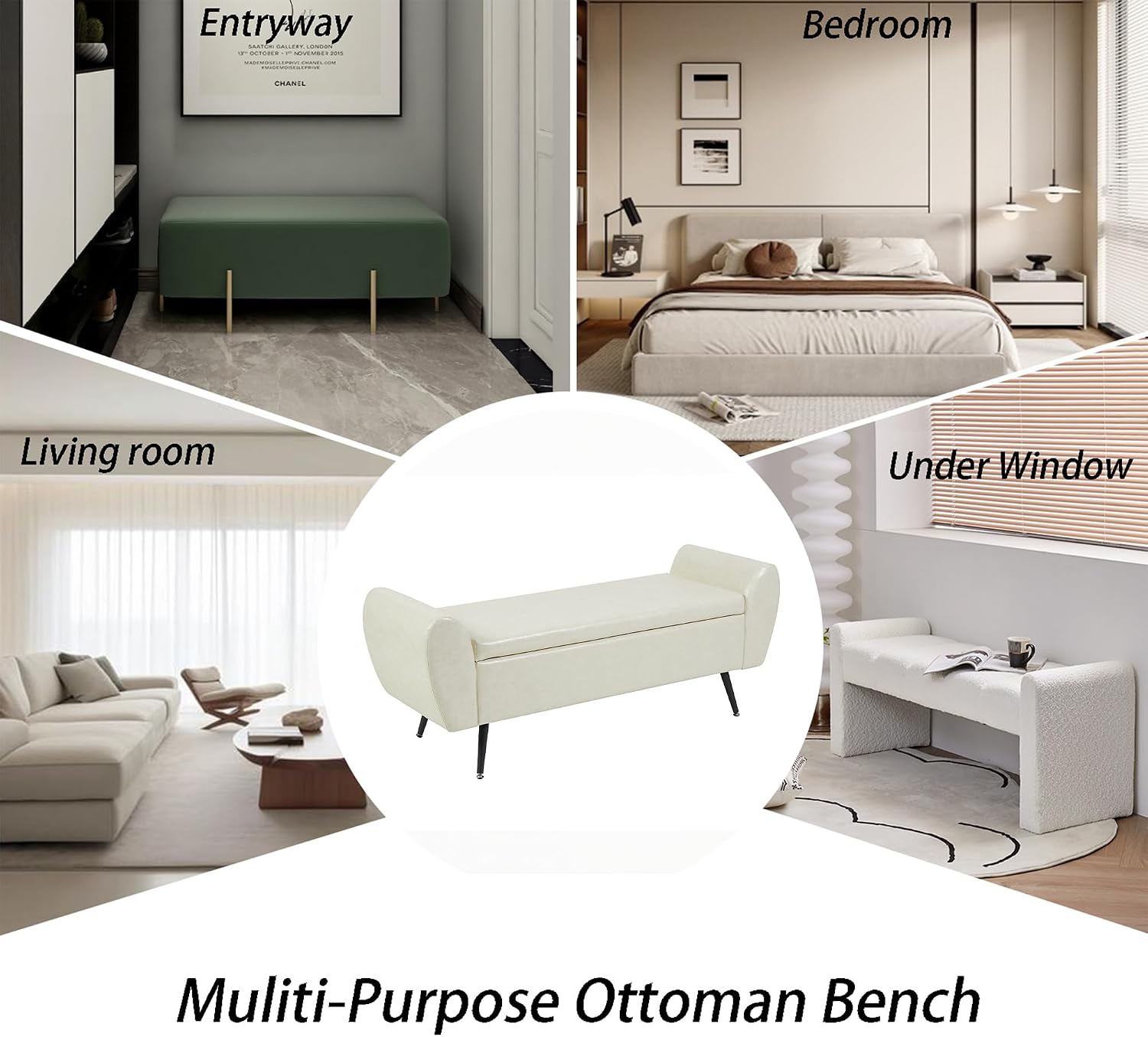 Faux Leather Storage Bench for Bedroom, Extra Long Bench for King Size Bed, Modern Upholstered End of Bed Ottoman Bench with Arms for Entryway Living Room (Faux Leather-Beige)