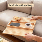 Bamboo Couch Arm Tray Table, Foldable Sofa Rest with Non-Slip Base Portable Armchair Cup Phone Holder for Drinks, Remote, Snacks Fits Most Recliners Couches, Easy-Clean Surface(Bamboo)
