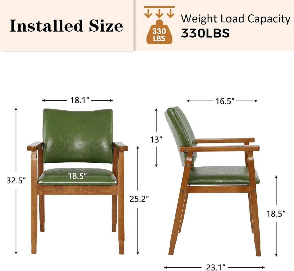 NOBPEINT Mid-Century Modern Dining Chairs with Armrest Set of 2, PU Leather Upholstered Dining Room Chairs with Solid Wood Frame, Walnut Kitchen Armchairs for Kitchen Living Room Restaurant, Green