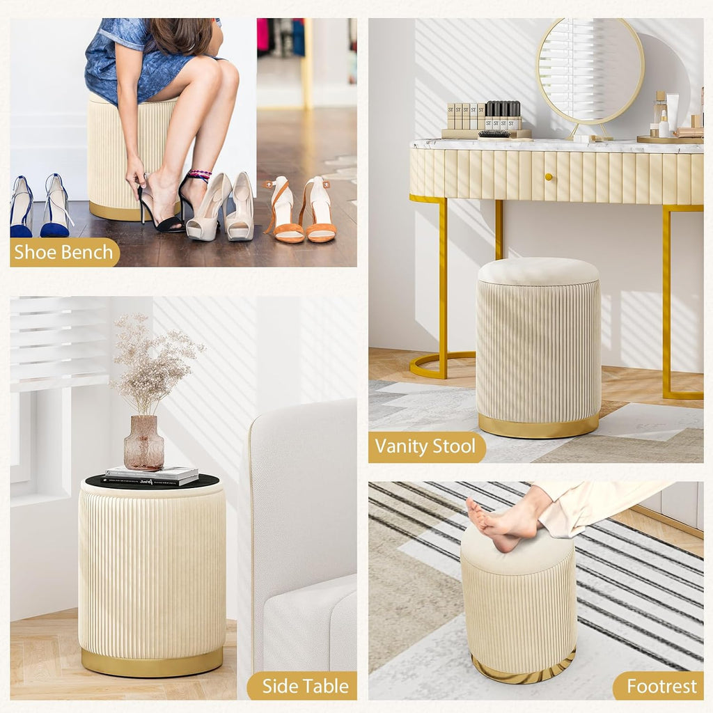 GIANTEX Ottoman with Storage, 1 Large & 1 Small Nesting Ottoman Side Table | Set of 2 Storage Ottomans, Upholstered Velvet/Linen Round Foot Rest Vanity Stool for Bedroom Living Room, Beige & Golden