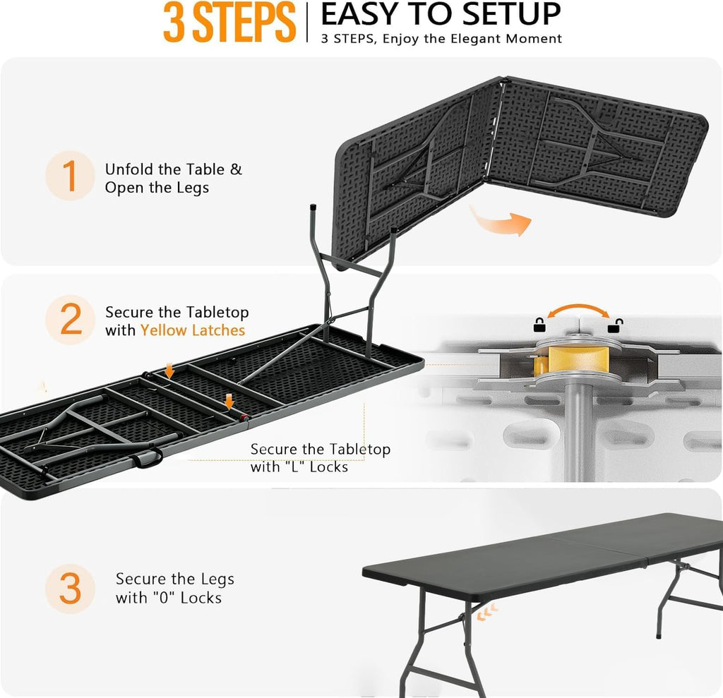 8FT Heavy Duty Folding Table,Fold-in-Half Portable Plastic Utility Table with Carry Handle&Locking Legs,Indoor Outdoor Table for Party,Tailgate,BBQ,Camping,Events,Backyard Dining–Black
