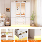 4 Doors LED Armoire Wardrobe Closet with Mirror, 75" Tall Modern Wooden Wardrobe Closet with 3 Drawers, Freestanding Clothing Storage Cabinet with Hanging Rod, Adjustable Shelves, White