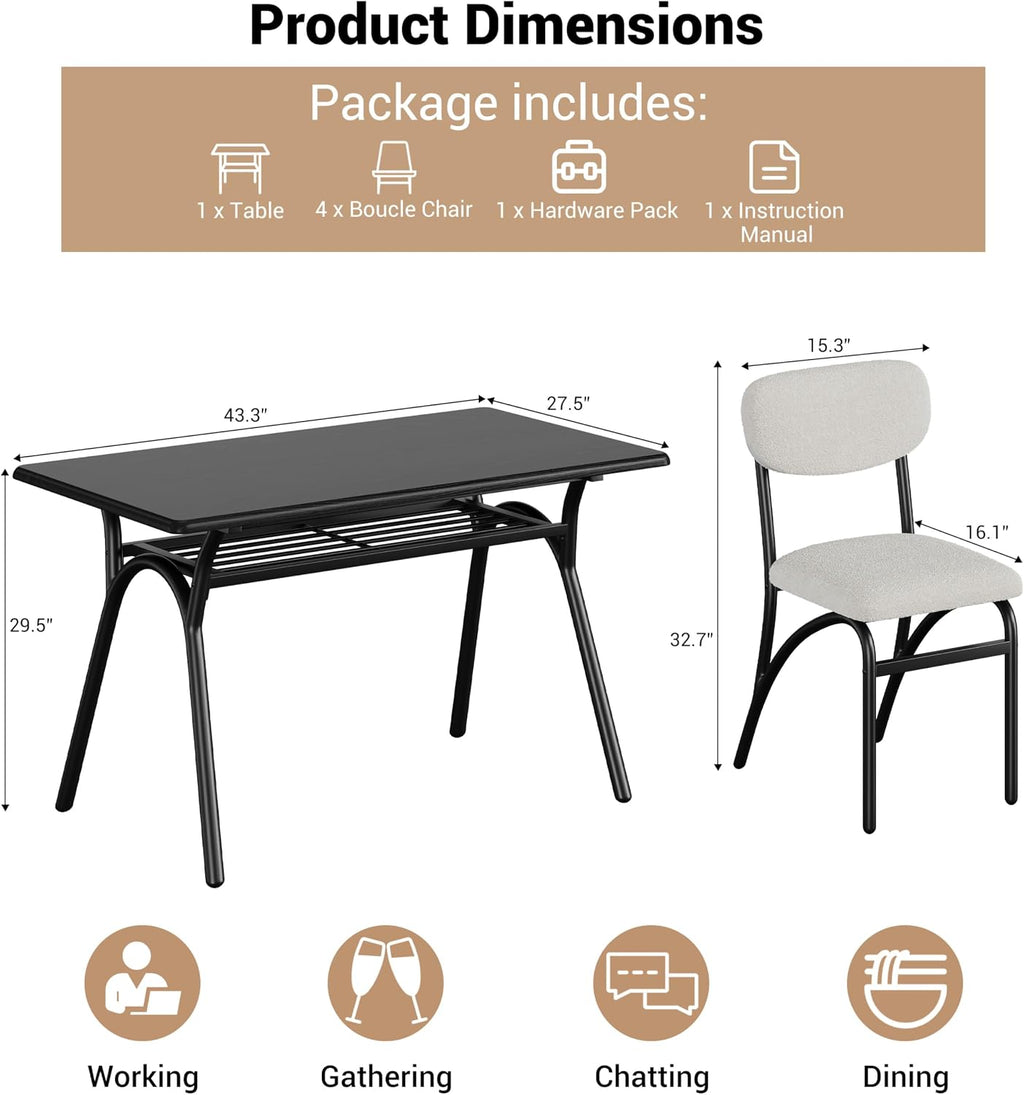 GarveeHome 5-Piece Dining Table Set for 4, Modern Kitchen Table with 4 Boucle Chairs, Rectangular Dining Table with Storage Shelf & Marble Tabletop, Home Dining Furniture for Small Space, Beige+Black