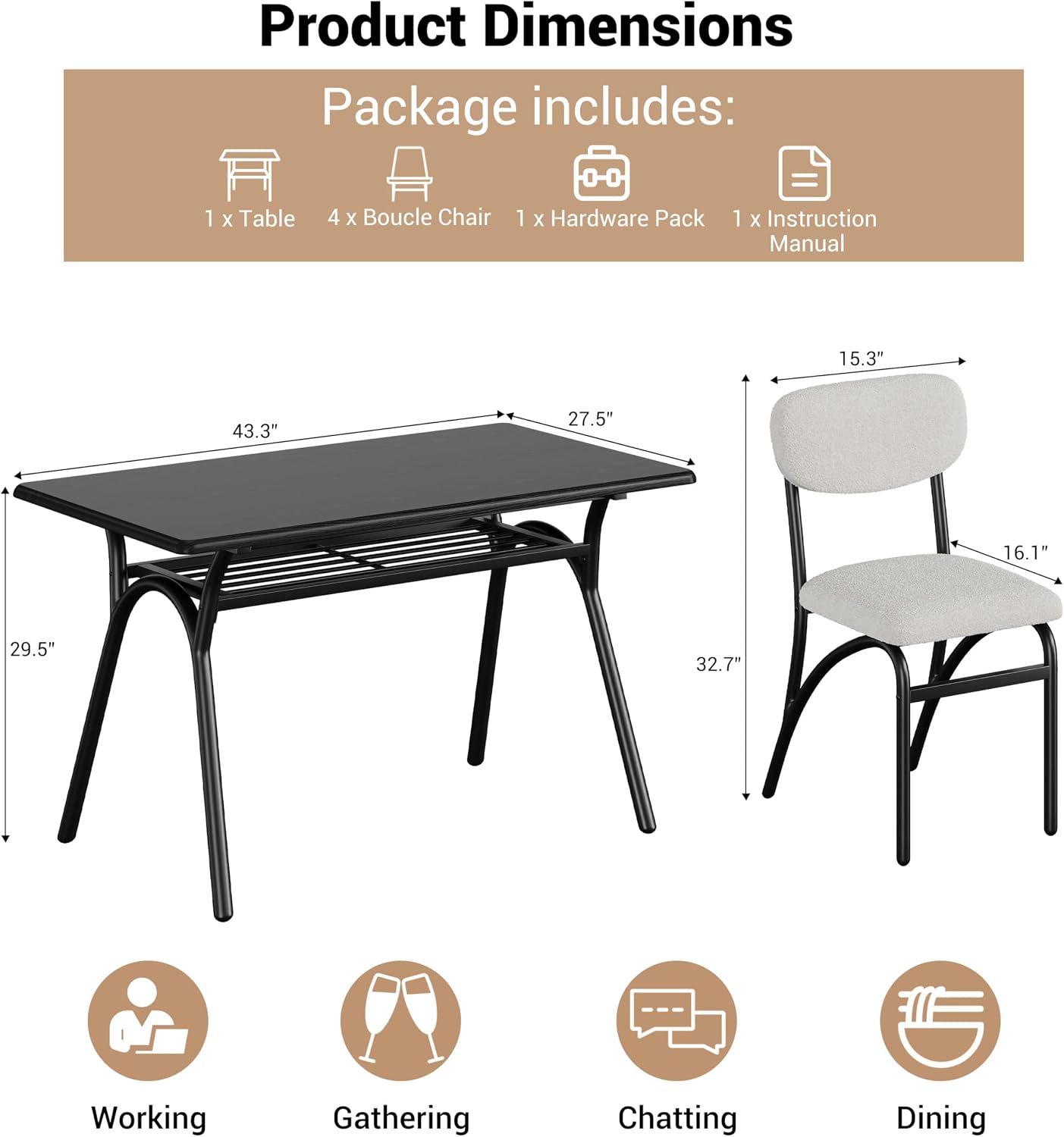 GarveeHome 5-Piece Dining Table Set for 4, Modern Kitchen Table with 4 Boucle Chairs, Rectangular Dining Table with Storage Shelf & Marble Tabletop, Home Dining Furniture for Small Space, Beige+Black