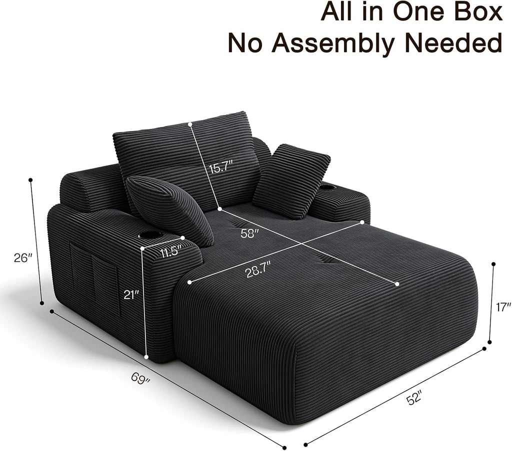 69” Oversized Chaise Lounge Chair Indoor, Soft Floor Chaise Lounge Reading Chairs with 4 Side Pockets and 2 Cup Holders, Comfy Corduroy Sleeper Sofa Bed for Living Room Bedroom, Black