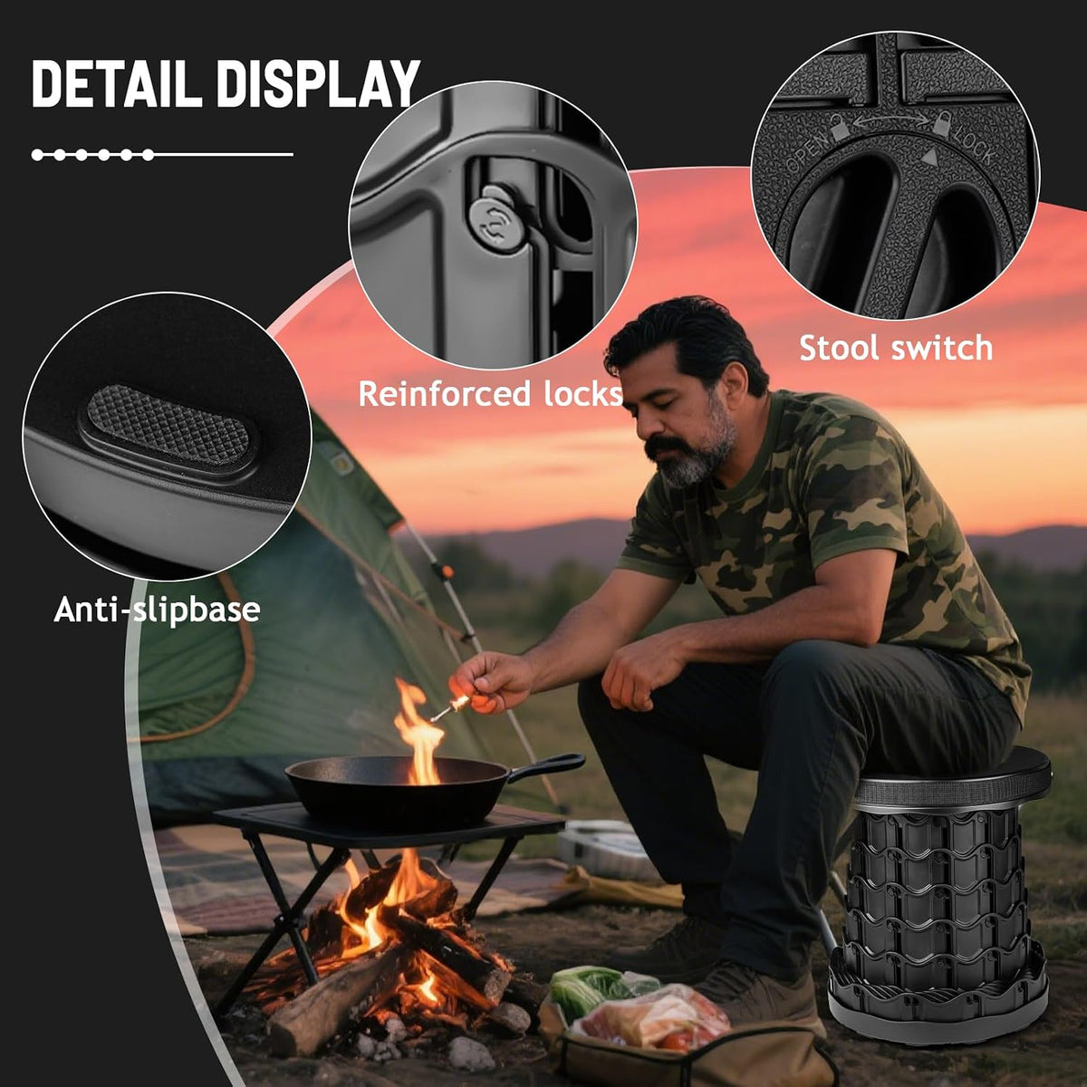 Portable Telescoping Stool, Retractable Folding Stool for Camping Garden Fishing Hiking Travel BBQ, Adjustable Collapsible Stools Max Load 400lbs