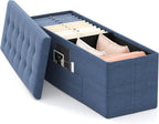 GOFLAME 43 Inches Folding Storage Ottoman Bench, Linen Fabric End of Bed Bench with Padded Seat and Side Pocket, Large Foot Rest Stool, Storage Chest for Entryway, Living Room, Bedroom, Blue