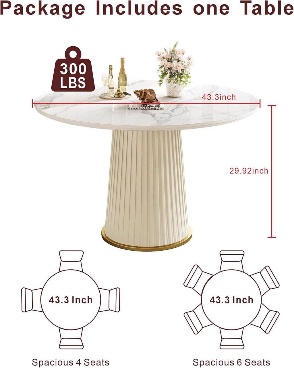 White Dining Table 43.30" Round Kitchen Table with Imitation Marble Grain Top & PU Leather Iron Pedestal,Modern Faux Marble Dinner Furniture for Kitchen Dining Room/Meeting Room