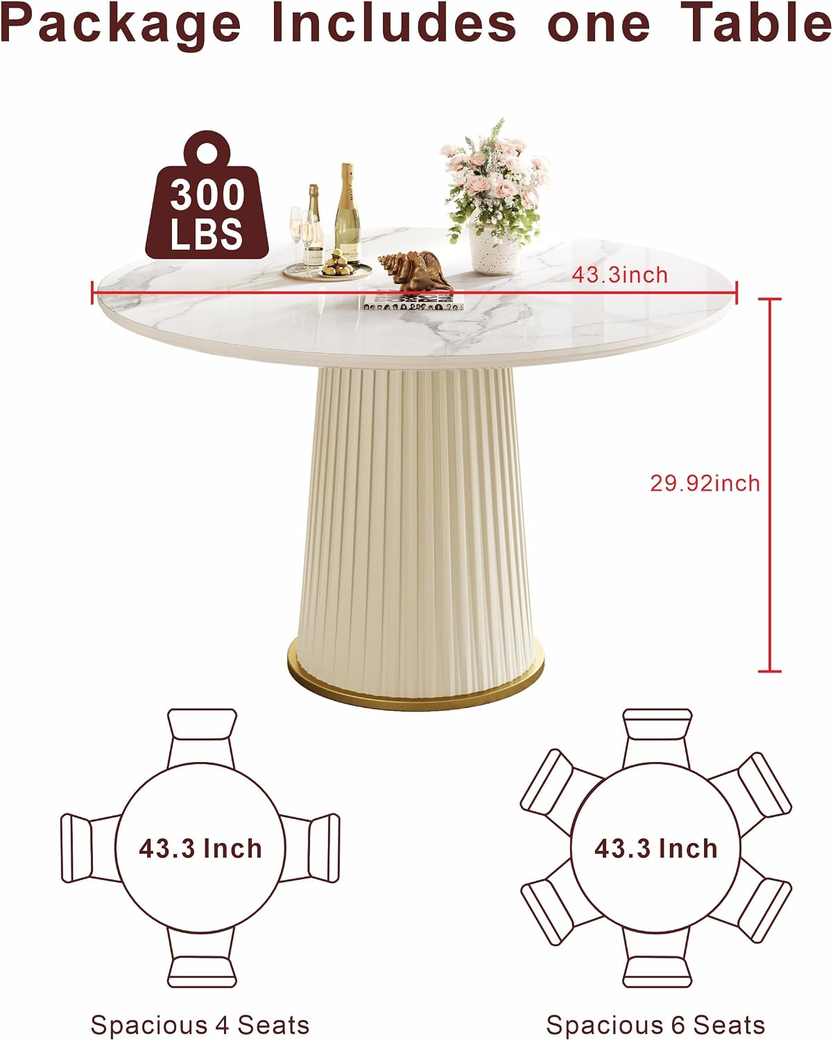 White Dining Table 43.30" Round Kitchen Table with Imitation Marble Grain Top & PU Leather Iron Pedestal,Modern Faux Marble Dinner Furniture for Kitchen Dining Room/Meeting Room