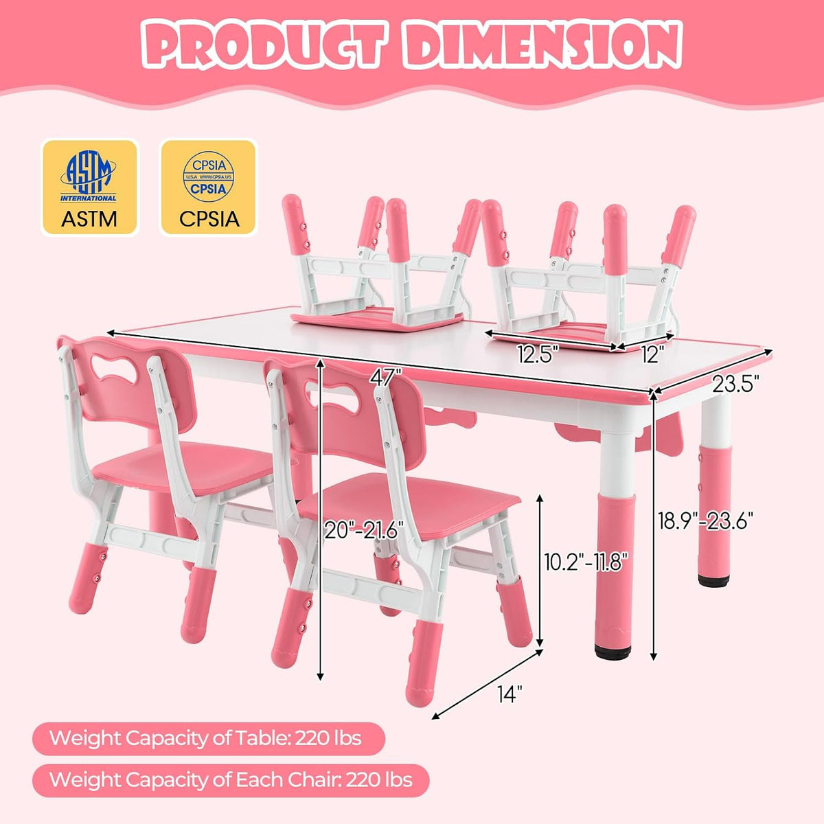 KOTEK Kids Table and Chairs Set of 4, Height Adjustable Children Activity Table & Play Table with Graffiti Desktop, Toddler Table and Chair Set for Daycare, Playroom, Home, Preschool (Pink)
