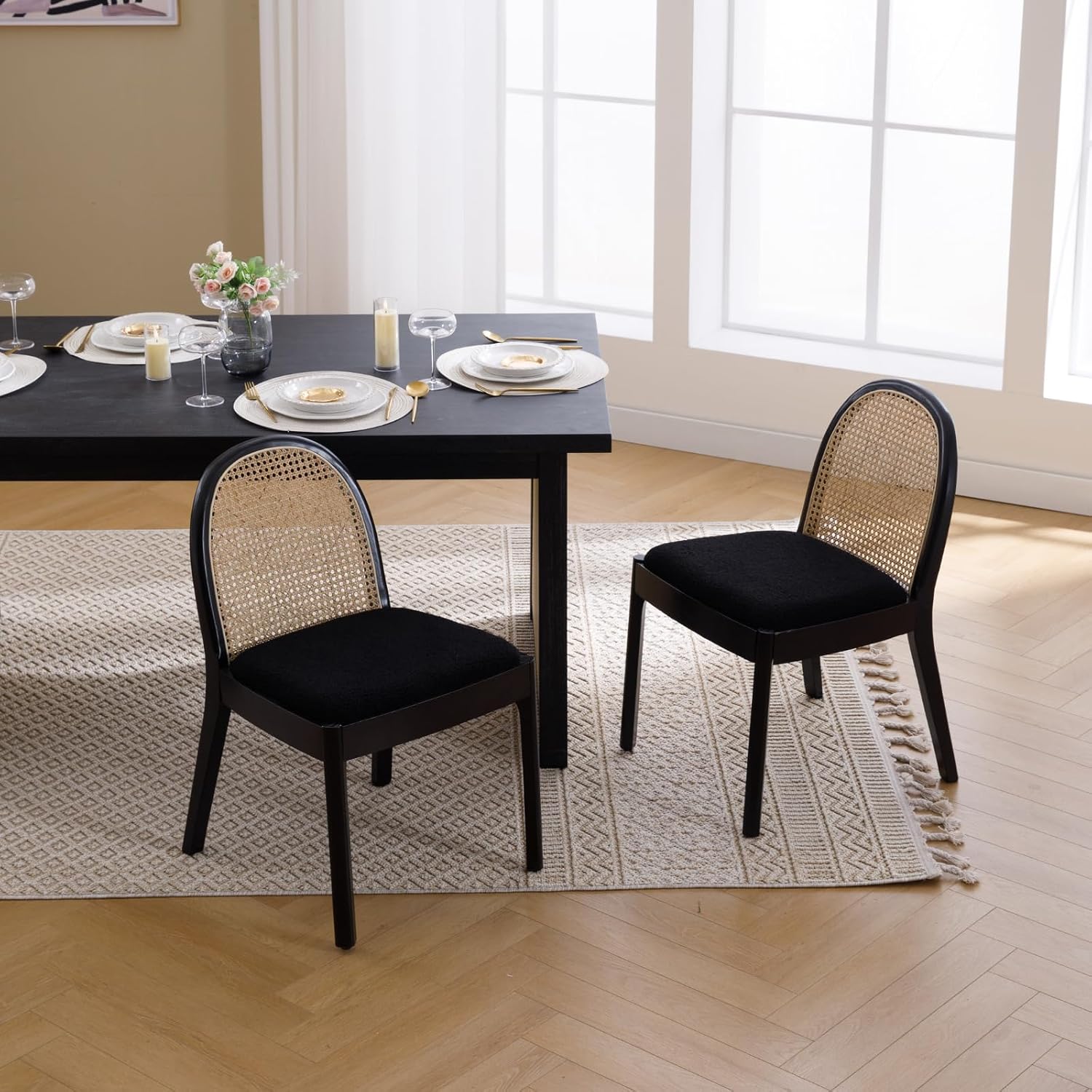 HEAH-YO Rattan Dining Chairs Set of 2, Upholstered Sherpa Dining Room Chairs with Backrests, Modern Kitchen Chairs with Wood Legs for Dining Room, Black