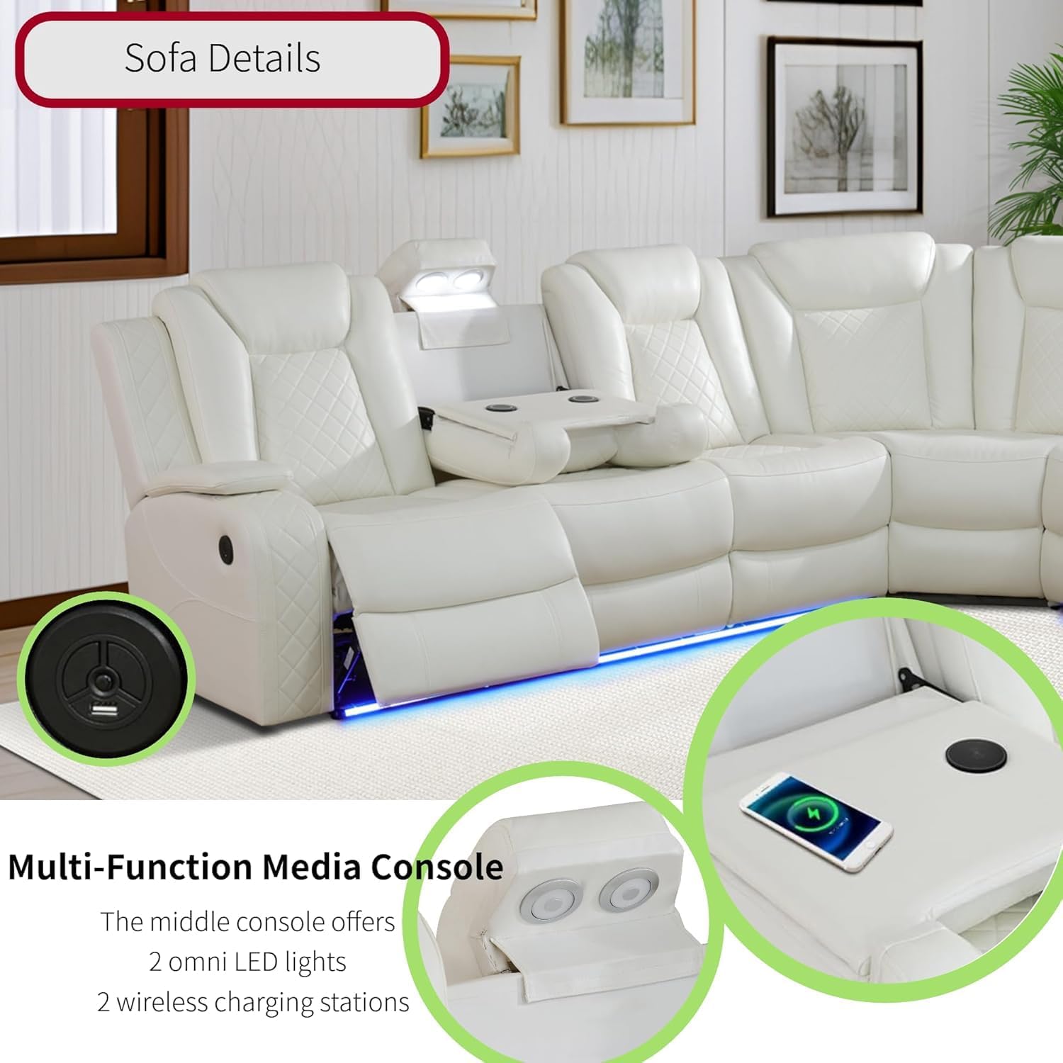 Power Recliner Sofa Sectional Sofa with LED Light for Living Room, Air Leather Reclining Corner Sectional Sofa Set, Cup Holder, Storage Console for Home Theater Seating (Ivory White, Sectional+Chair)