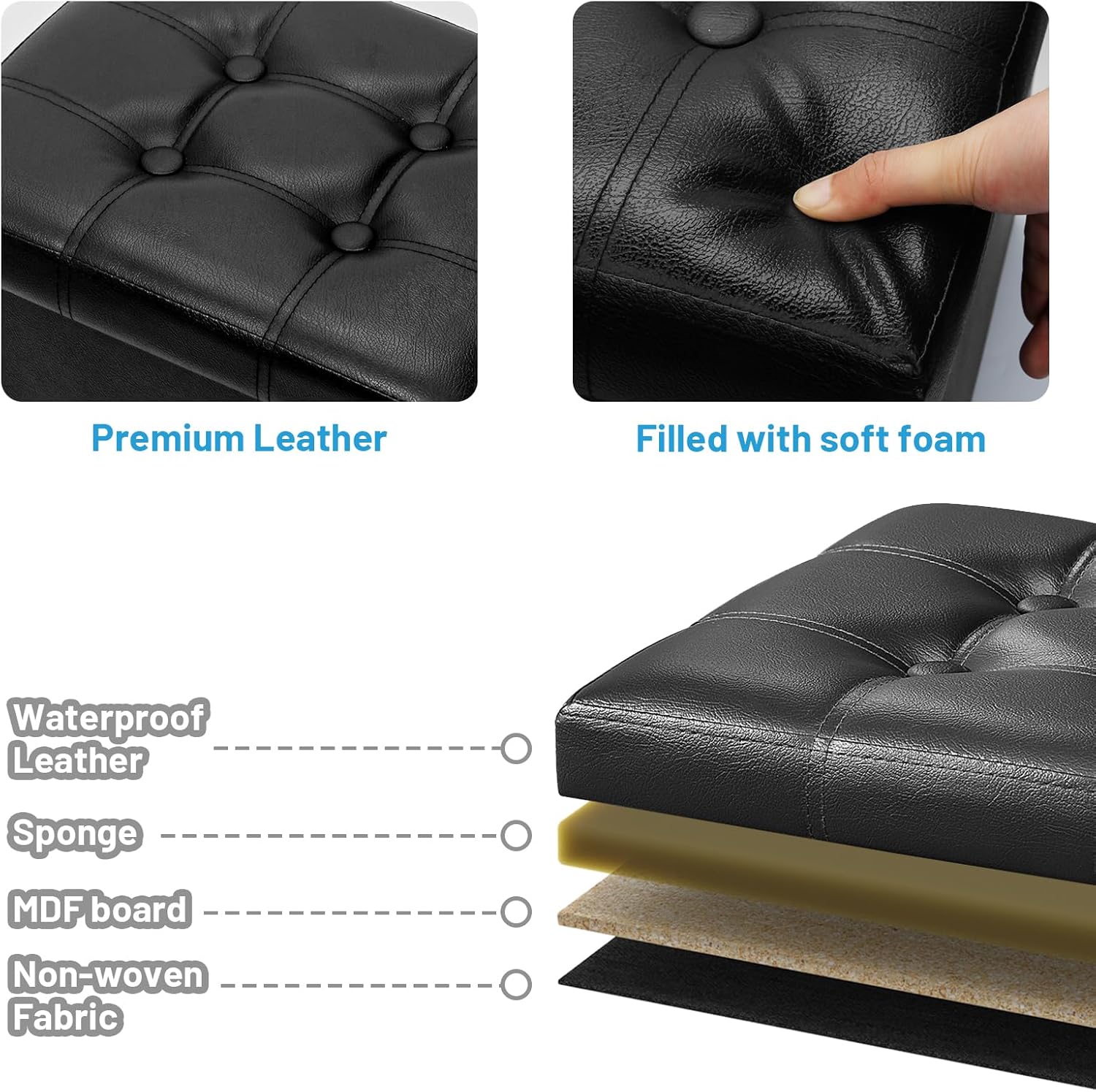 Bsketa Storage Ottoman Foot Rest Stool, Small Leather Storage Ottomans Bench, Folding Footstool with Side Pockets, Foot Rest Under Desk for Living Room Bedroom, 17x13x13 in, Black