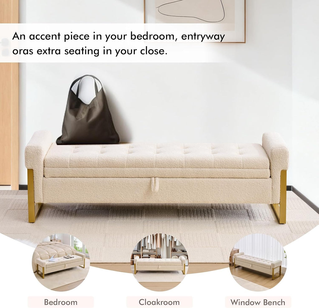 67" Storage Bench for Bedroom, King Size End of Bed Bench, Upholstered Storage Ottoman Bench with Golden Metal Legs, Bedroom Bench for Entryway (Teddy Beige)